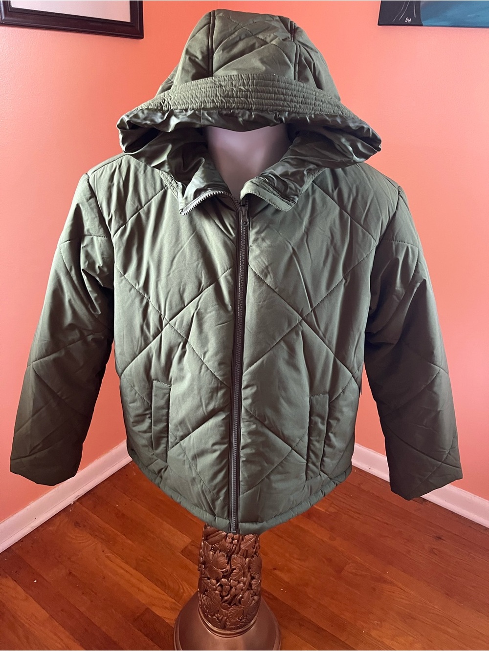 a.n.a Olive Green Quilted Hooded Puffer Jacket